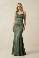 Cami Strap Ruffled Satin Bridesmaid Dress With Bow in Thyme - KissProm Bridesmaid Dresses