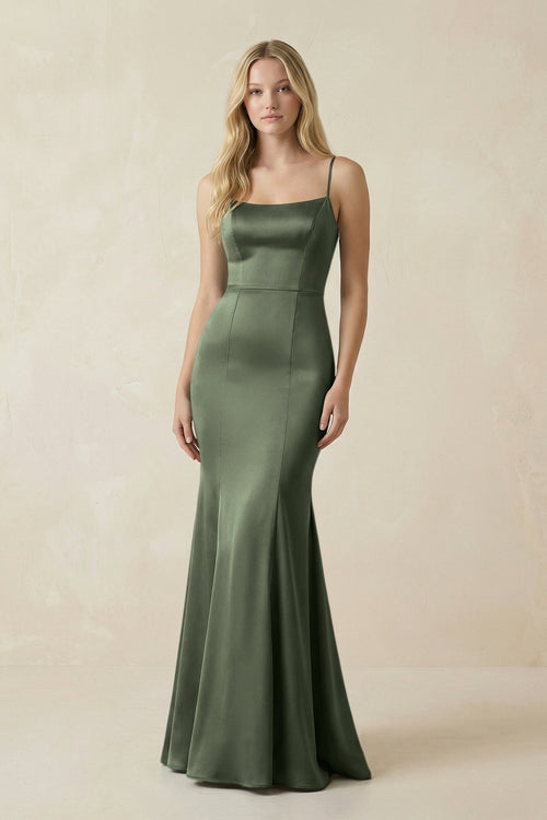 Cami Strap Ruffled Satin Bridesmaid Dress With Bow in Thyme - KissProm Bridesmaid Dresses
