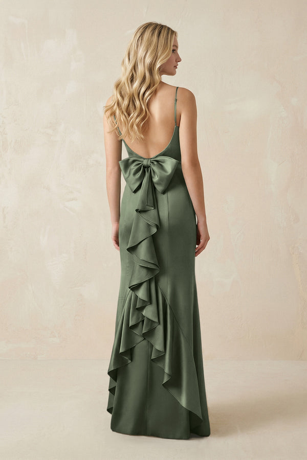 Cami Strap Ruffled Satin Bridesmaid Dress With Bow in Thyme - KissProm Bridesmaid Dresses