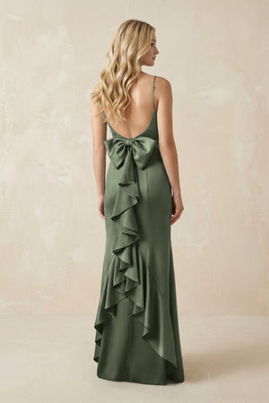 Cami Strap Ruffled Satin Bridesmaid Dress With Bow in Thyme - KissProm Bridesmaid Dresses