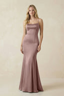 Cami Strap Ruffled Satin Bridesmaid Dress With Bow in Toffee - KissProm Bridesmaid Dresses