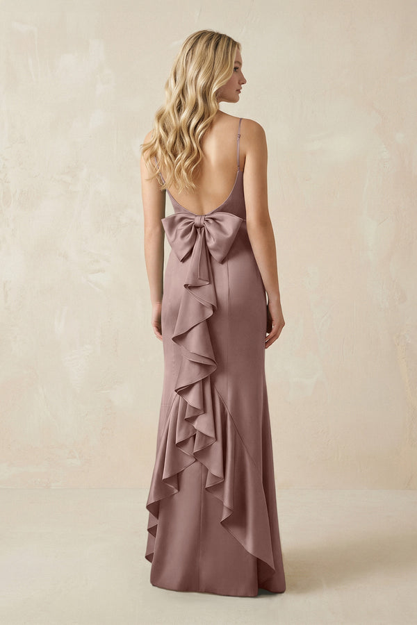 Cami Strap Ruffled Satin Bridesmaid Dress With Bow in Toffee - KissProm Bridesmaid Dresses