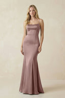 Cami Strap Ruffled Satin Bridesmaid Dress With Bow in Toffee - KissProm Bridesmaid Dresses