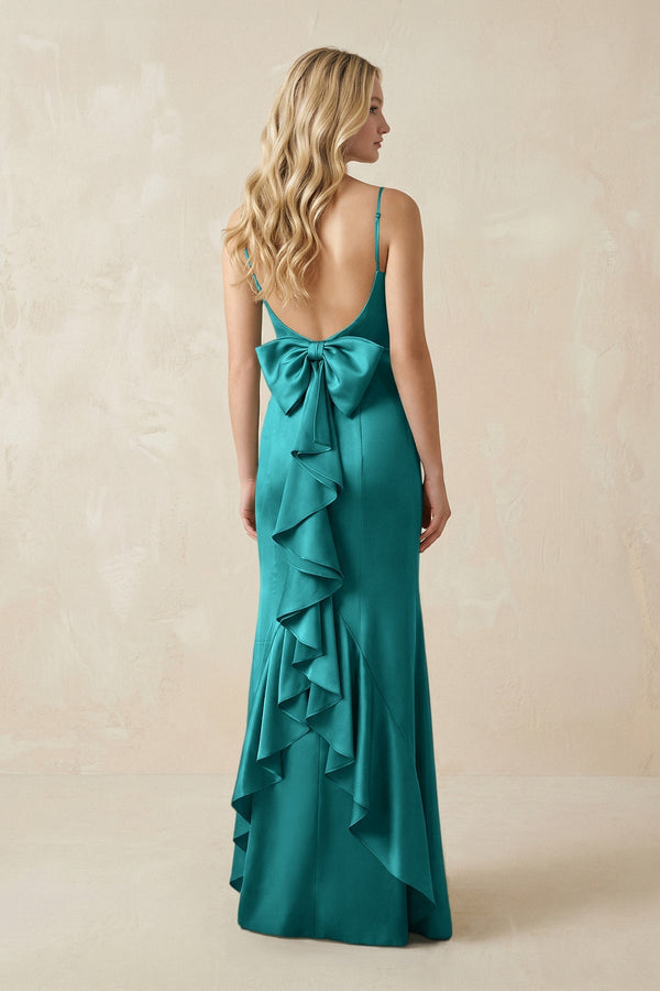 Cami Strap Ruffled Satin Bridesmaid Dress With Bow in Turquoise - KissProm Bridesmaid Dresses