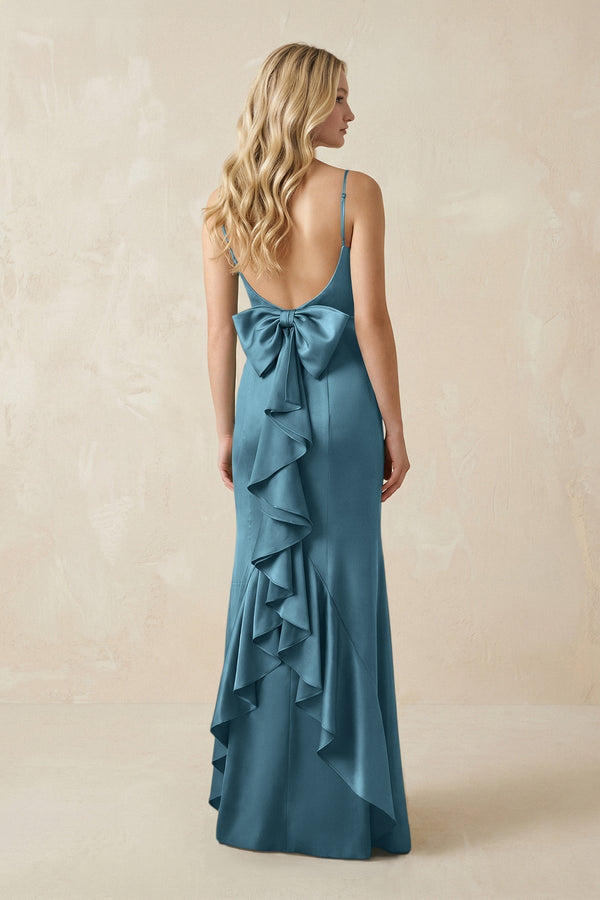 Cami Strap Ruffled Satin Bridesmaid Dress With Bow in Twilight - KissProm Bridesmaid Dresses