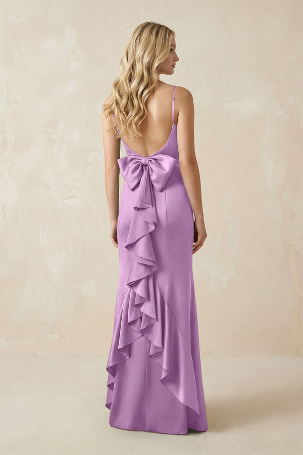 Cami Strap Ruffled Satin Bridesmaid Dress With Bow in Vintage Mauve - KissProm Bridesmaid Dresses