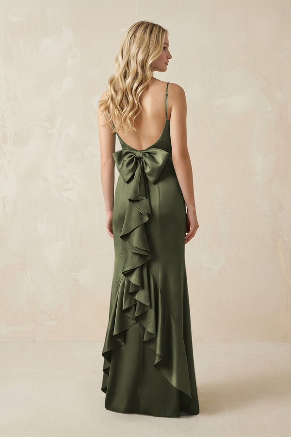 Cami Strap Ruffled Satin Bridesmaid Dress With Bow in Willow Green - KissProm Bridesmaid Dresses