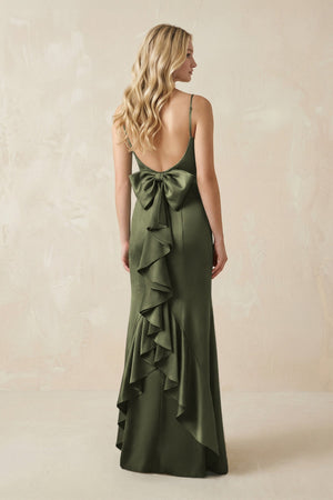 Cami Strap Ruffled Satin Bridesmaid Dress With Bow in Willow Green - KissProm Bridesmaid Dresses