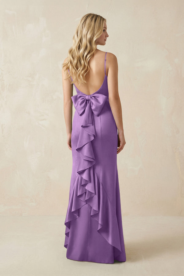 Cami Strap Ruffled Satin Bridesmaid Dress With Bow in Wisteria - KissProm Bridesmaid Dresses
