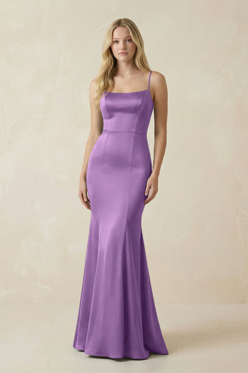 Cami Strap Ruffled Satin Bridesmaid Dress With Bow in Wisteria - KissProm Bridesmaid Dresses