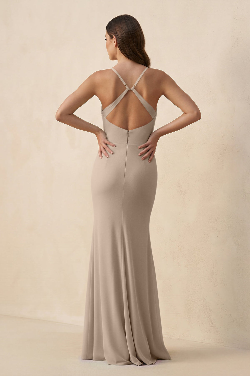 Cami Strap Sheath Chiffon Bridesmaid Dress with Slit in Almond - KissProm Bridesmaid Dresses