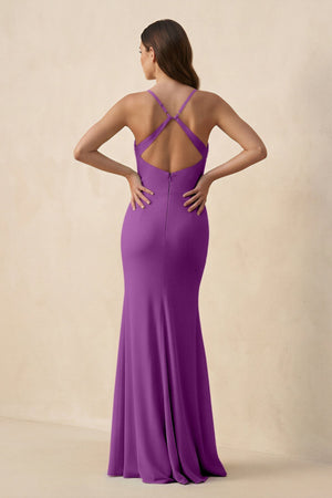Cami Strap Sheath Chiffon Bridesmaid Dress with Slit in Amethyst - KissProm Bridesmaid Dresses