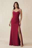 Cami Strap Sheath Chiffon Bridesmaid Dress with Slit in Berry - KissProm Bridesmaid Dresses