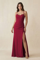 Cami Strap Sheath Chiffon Bridesmaid Dress with Slit in Berry - KissProm Bridesmaid Dresses