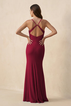 Cami Strap Sheath Chiffon Bridesmaid Dress with Slit in Berry - KissProm Bridesmaid Dresses