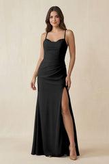 Cami Strap Sheath Chiffon Bridesmaid Dress with Slit in Black - KissProm Bridesmaid Dresses