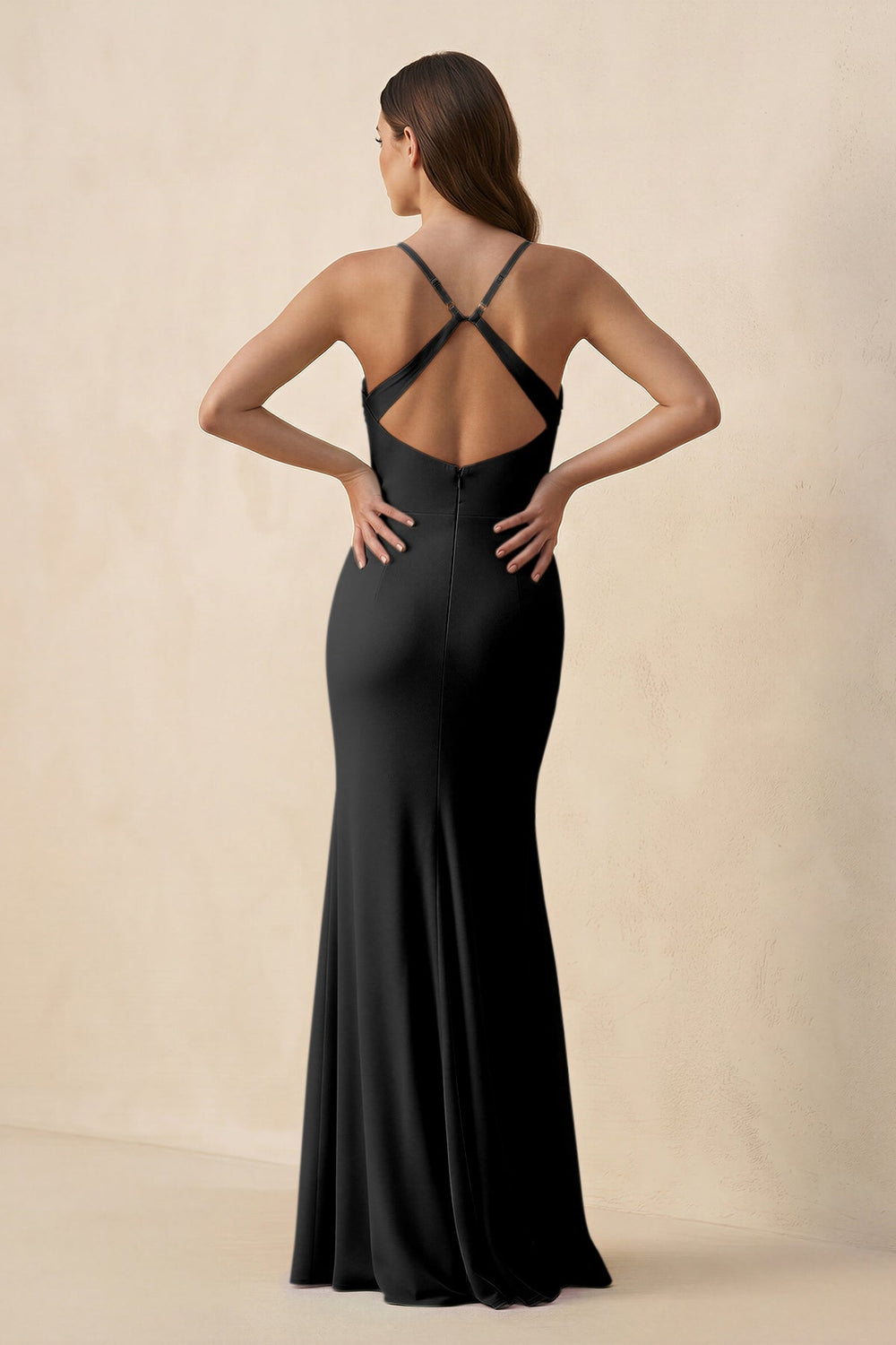 Cami Strap Sheath Chiffon Bridesmaid Dress with Slit in Black - KissProm Bridesmaid Dresses