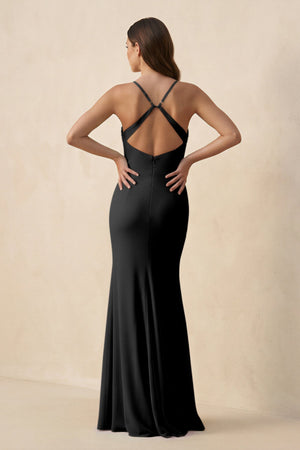 Cami Strap Sheath Chiffon Bridesmaid Dress with Slit in Black - KissProm Bridesmaid Dresses