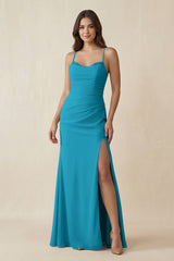 Cami Strap Sheath Chiffon Bridesmaid Dress with Slit in Blue Jay - KissProm Bridesmaid Dresses