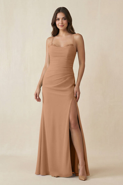 Cami Strap Sheath Chiffon Bridesmaid Dress with Slit in Bronzer - KissProm Bridesmaid Dresses
