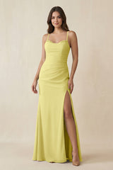 Cami Strap Sheath Chiffon Bridesmaid Dress with Slit in Buttercup - KissProm Bridesmaid Dresses