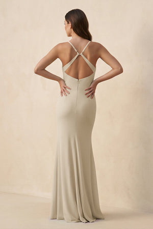 Cami Strap Sheath Chiffon Bridesmaid Dress with Slit in Champagne - KissProm Bridesmaid Dresses