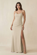Cami Strap Sheath Chiffon Bridesmaid Dress with Slit in Champagne - KissProm Bridesmaid Dresses