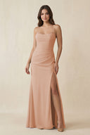 Cami Strap Sheath Chiffon Bridesmaid Dress with Slit in Champagne Rose - KissProm Bridesmaid Dresses