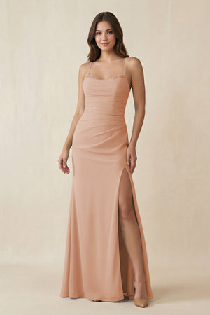 Cami Strap Sheath Chiffon Bridesmaid Dress with Slit in Champagne Rose - KissProm Bridesmaid Dresses