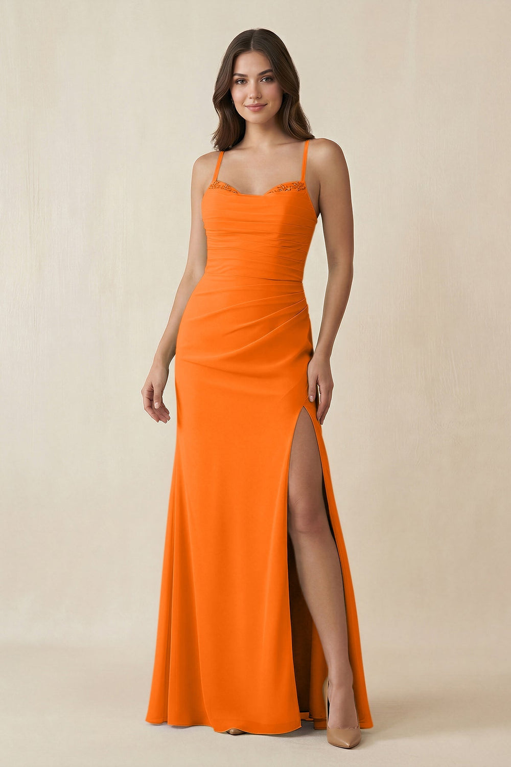 Cami Strap Sheath Chiffon Bridesmaid Dress with Slit in Cinnamon - KissProm Bridesmaid Dresses