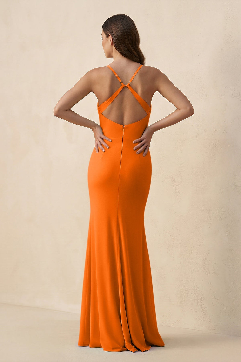 Cami Strap Sheath Chiffon Bridesmaid Dress with Slit in Cinnamon - KissProm Bridesmaid Dresses