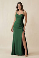Cami Strap Sheath Chiffon Bridesmaid Dress with Slit in Dark Green - KissProm Bridesmaid Dresses