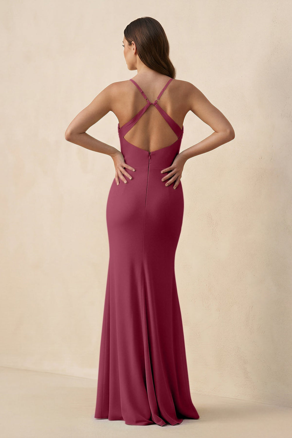 Cami Strap Sheath Chiffon Bridesmaid Dress with Slit in Desert Rose - KissProm Bridesmaid Dresses
