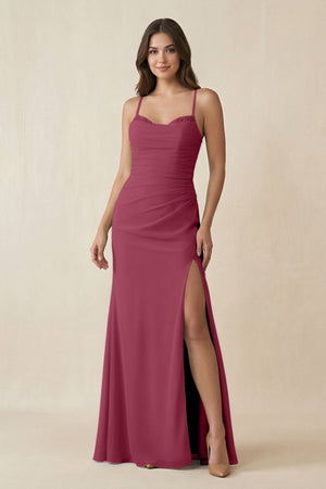 Cami Strap Sheath Chiffon Bridesmaid Dress with Slit in Desert Rose - KissProm Bridesmaid Dresses