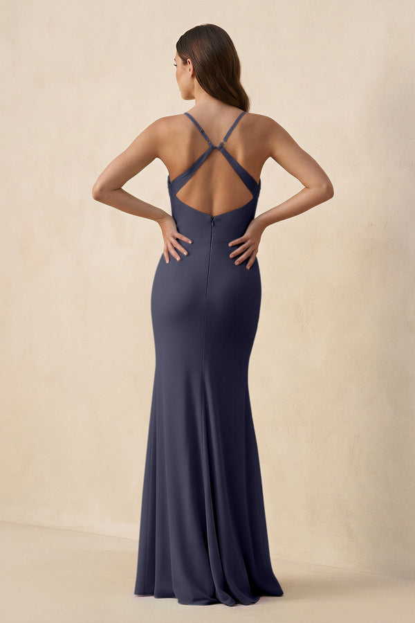 Cami Strap Sheath Chiffon Bridesmaid Dress with Slit in Dusk Blue - KissProm Bridesmaid Dresses