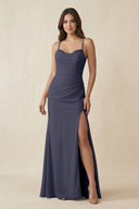 Cami Strap Sheath Chiffon Bridesmaid Dress with Slit in Dusk Blue - KissProm Bridesmaid Dresses