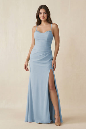 Cami Strap Sheath Chiffon Bridesmaid Dress with Slit in Dusty Blue - KissProm Bridesmaid Dresses