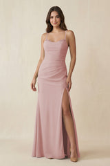 Cami Strap Sheath Chiffon Bridesmaid Dress with Slit in Dusty Rose - KissProm Bridesmaid Dresses