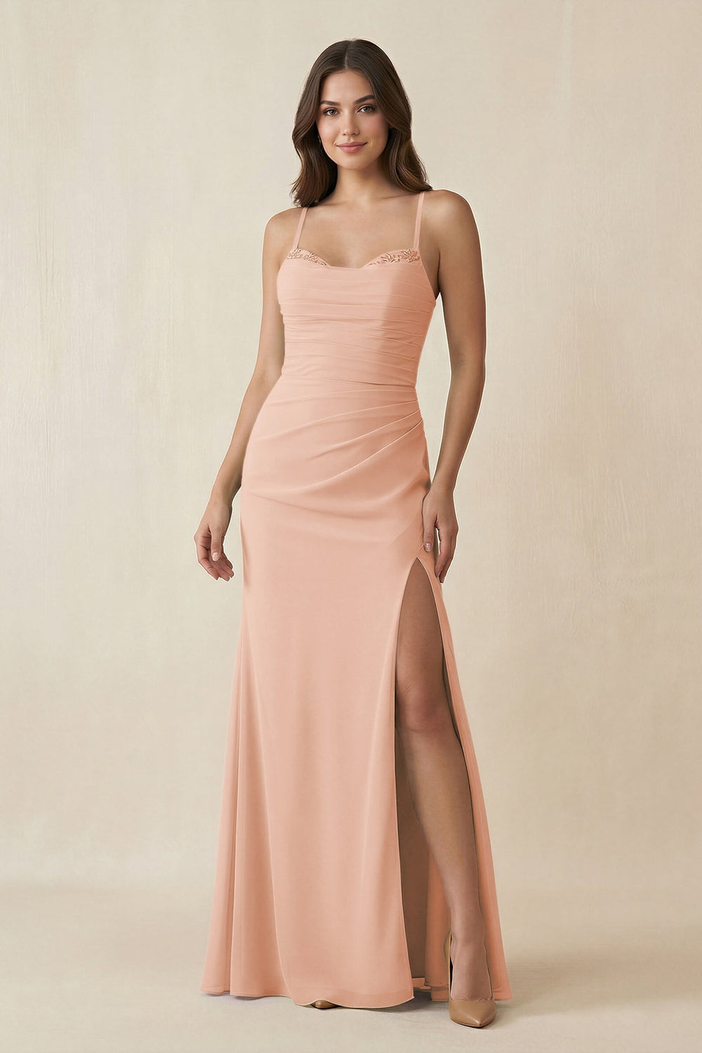 Cami Strap Sheath Chiffon Bridesmaid Dress with Slit in English Rose - KissProm Bridesmaid Dresses