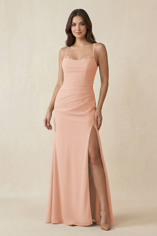 Cami Strap Sheath Chiffon Bridesmaid Dress with Slit in English Rose - KissProm Bridesmaid Dresses