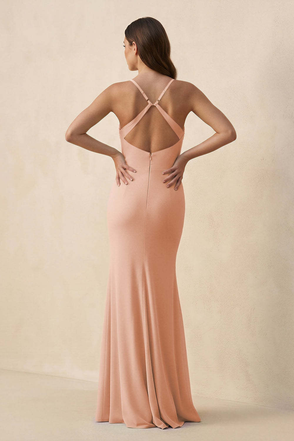 Cami Strap Sheath Chiffon Bridesmaid Dress with Slit in English Rose - KissProm Bridesmaid Dresses