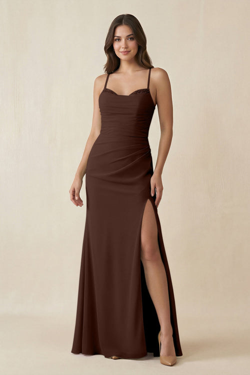 KissProm Cami Strap Sheath Chiffon Bridesmaid Dress with Slit in Espresso, Espresso / 28