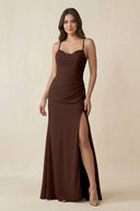 Cami Strap Sheath Chiffon Bridesmaid Dress with Slit in Espresso - KissProm Bridesmaid Dresses