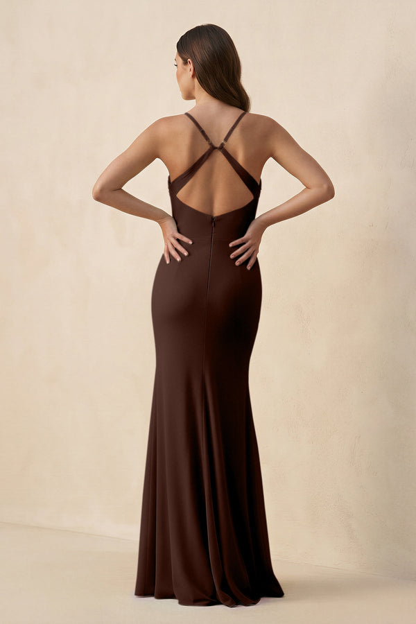 KissProm Cami Strap Sheath Chiffon Bridesmaid Dress with Slit in Espresso, Espresso / 28