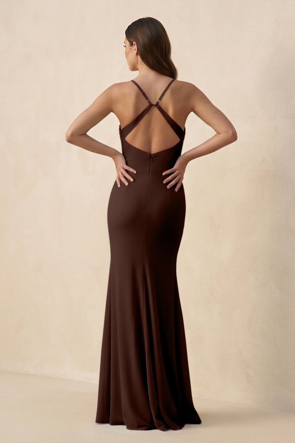 Cami Strap Sheath Chiffon Bridesmaid Dress with Slit in Espresso - KissProm Bridesmaid Dresses