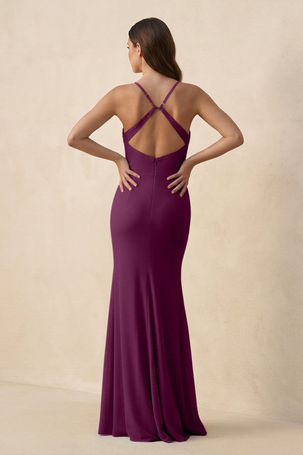 Cami Strap Sheath Chiffon Bridesmaid Dress with Slit in Fig - KissProm Bridesmaid Dresses