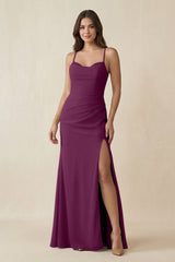 Cami Strap Sheath Chiffon Bridesmaid Dress with Slit in Fig - KissProm Bridesmaid Dresses
