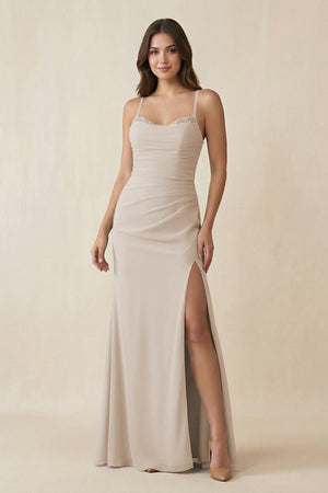 Cami Strap Sheath Chiffon Bridesmaid Dress with Slit in Frost - KissProm Bridesmaid Dresses