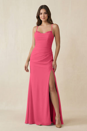 Cami Strap Sheath Chiffon Bridesmaid Dress with Slit in Fuchsia - KissProm Bridesmaid Dresses