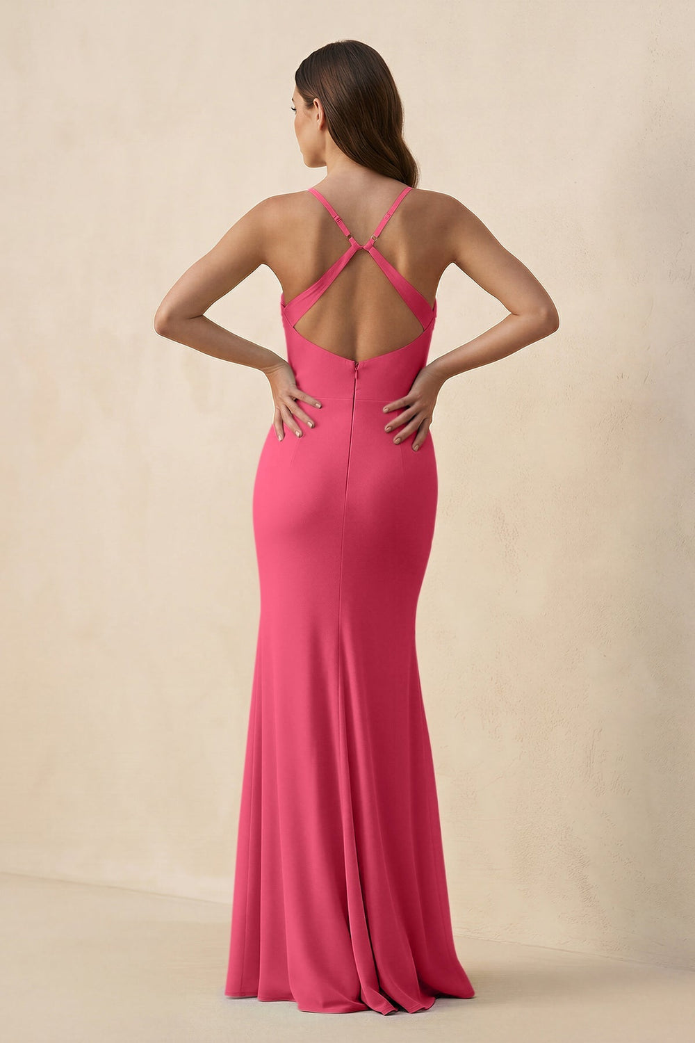Cami Strap Sheath Chiffon Bridesmaid Dress with Slit in Fuchsia - KissProm Bridesmaid Dresses
